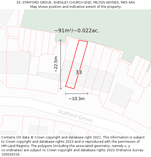 33, STAFFORD GROVE, SHENLEY CHURCH END, MILTON KEYNES, MK5 6AX: Plot and title map