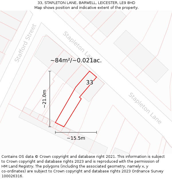 33, STAPLETON LANE, BARWELL, LEICESTER, LE9 8HD: Plot and title map