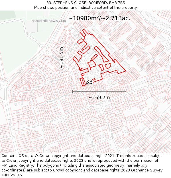 33, STEPHENS CLOSE, ROMFORD, RM3 7RS: Plot and title map