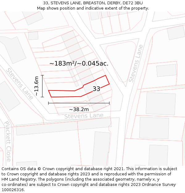 33, STEVENS LANE, BREASTON, DERBY, DE72 3BU: Plot and title map