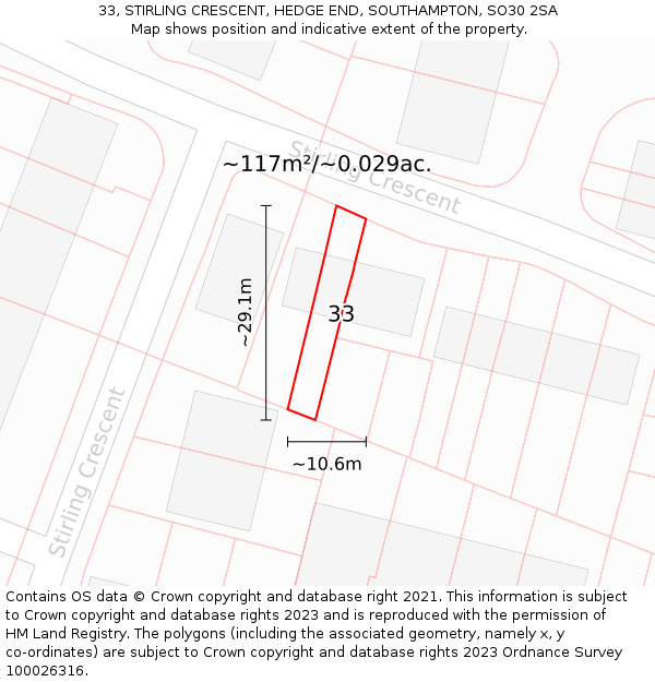 33, STIRLING CRESCENT, HEDGE END, SOUTHAMPTON, SO30 2SA: Plot and title map