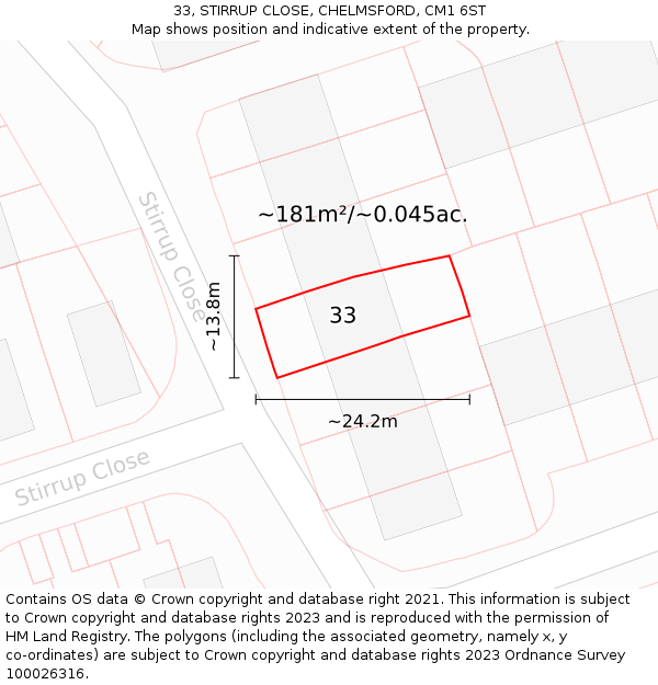 33, STIRRUP CLOSE, CHELMSFORD, CM1 6ST: Plot and title map