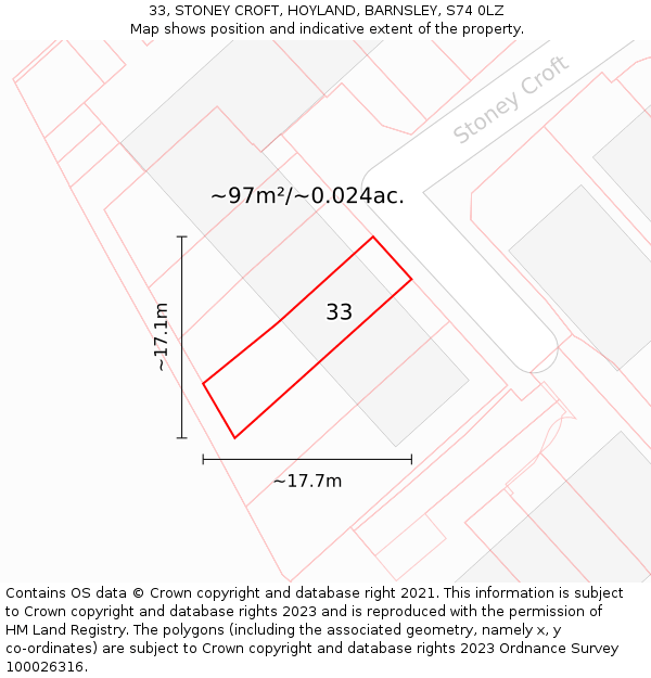 33, STONEY CROFT, HOYLAND, BARNSLEY, S74 0LZ: Plot and title map