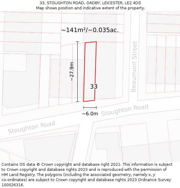 33, STOUGHTON ROAD, OADBY, LEICESTER, LE2 4DS: Plot and title map