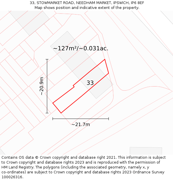33, STOWMARKET ROAD, NEEDHAM MARKET, IPSWICH, IP6 8EF: Plot and title map