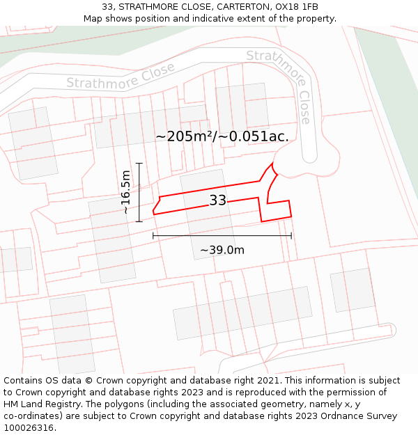 33, STRATHMORE CLOSE, CARTERTON, OX18 1FB: Plot and title map