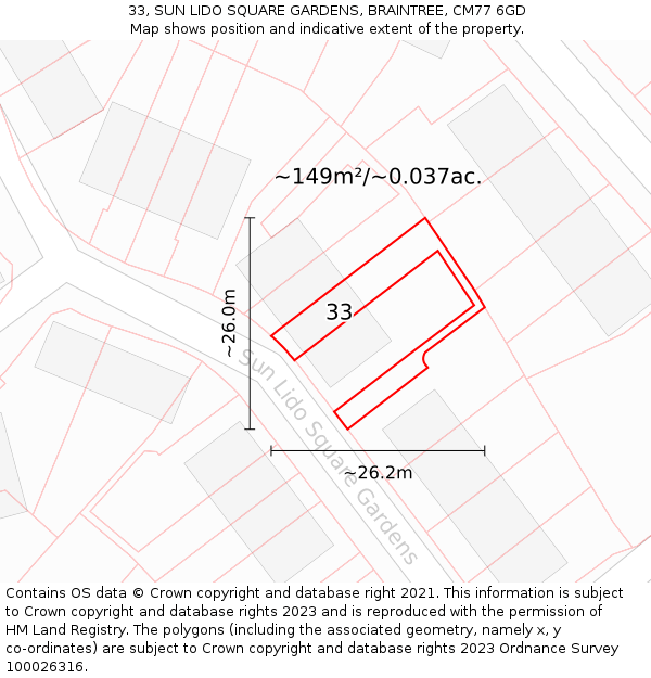 33, SUN LIDO SQUARE GARDENS, BRAINTREE, CM77 6GD: Plot and title map