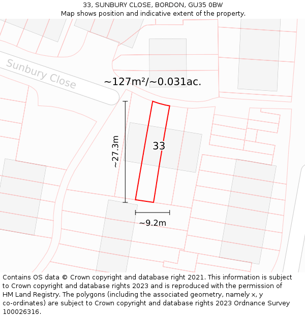 33, SUNBURY CLOSE, BORDON, GU35 0BW: Plot and title map