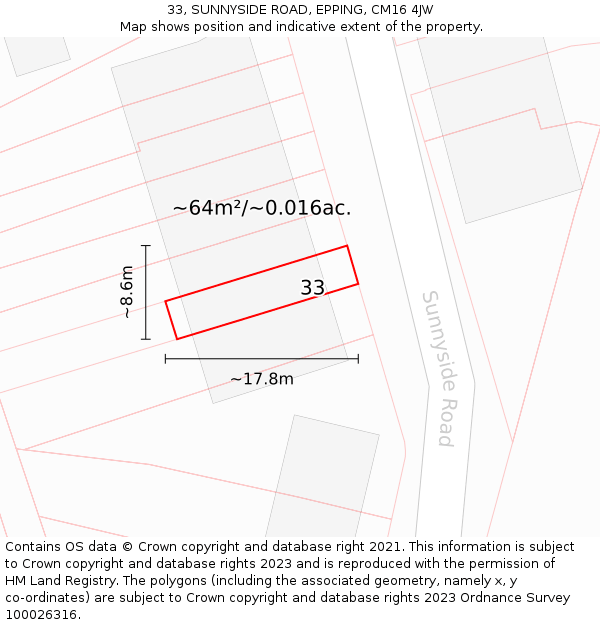 33, SUNNYSIDE ROAD, EPPING, CM16 4JW: Plot and title map