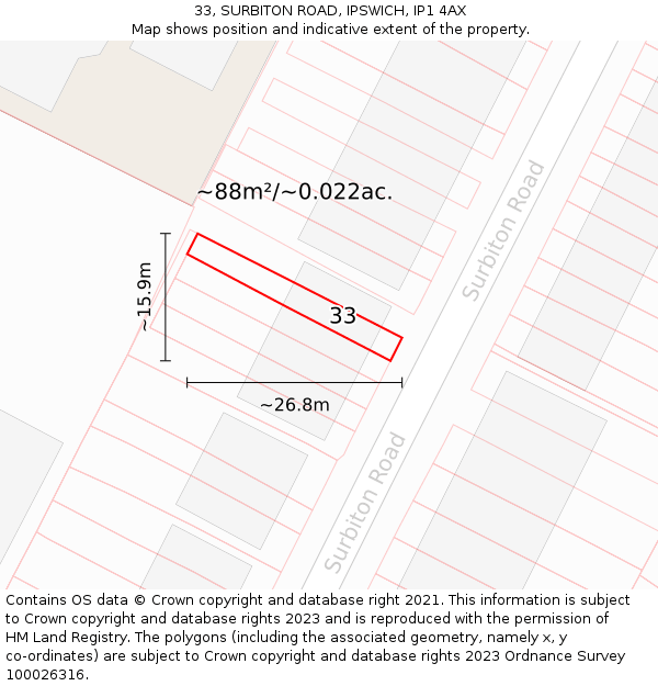 33, SURBITON ROAD, IPSWICH, IP1 4AX: Plot and title map