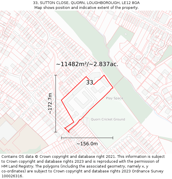 33, SUTTON CLOSE, QUORN, LOUGHBOROUGH, LE12 8GA: Plot and title map