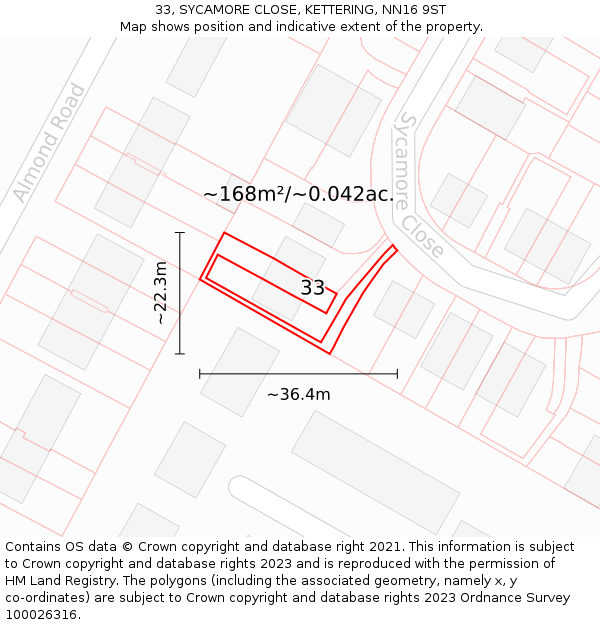 33, SYCAMORE CLOSE, KETTERING, NN16 9ST: Plot and title map