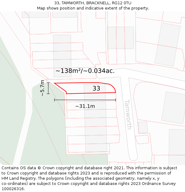 33, TAMWORTH, BRACKNELL, RG12 0TU: Plot and title map