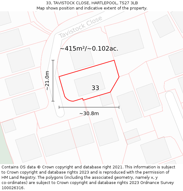 33, TAVISTOCK CLOSE, HARTLEPOOL, TS27 3LB: Plot and title map