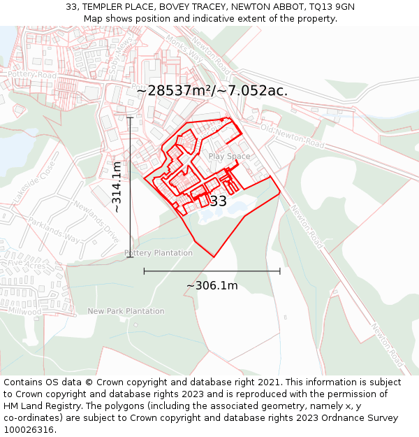33, TEMPLER PLACE, BOVEY TRACEY, NEWTON ABBOT, TQ13 9GN: Plot and title map
