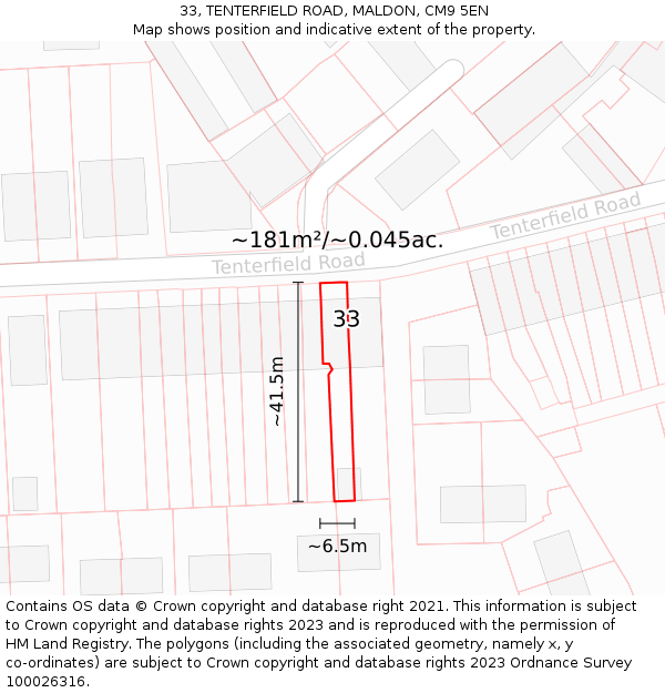 33, TENTERFIELD ROAD, MALDON, CM9 5EN: Plot and title map