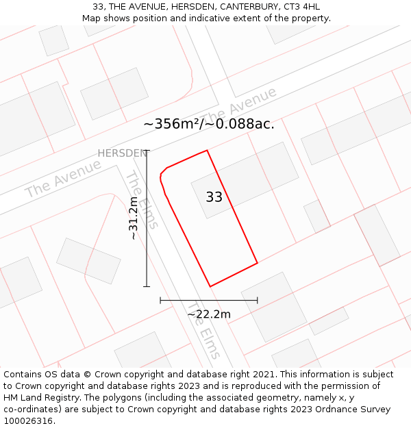 33, THE AVENUE, HERSDEN, CANTERBURY, CT3 4HL: Plot and title map