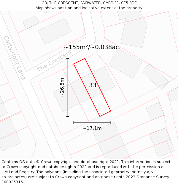 33, THE CRESCENT, FAIRWATER, CARDIFF, CF5 3DF: Plot and title map
