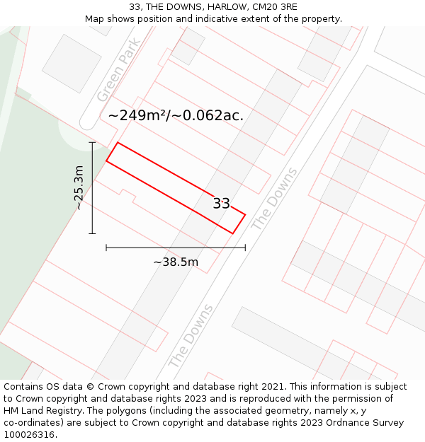 33, THE DOWNS, HARLOW, CM20 3RE: Plot and title map