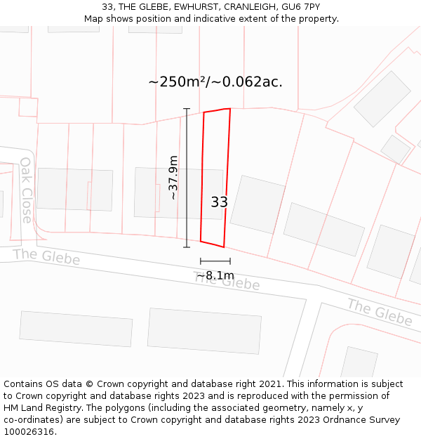 33, THE GLEBE, EWHURST, CRANLEIGH, GU6 7PY: Plot and title map