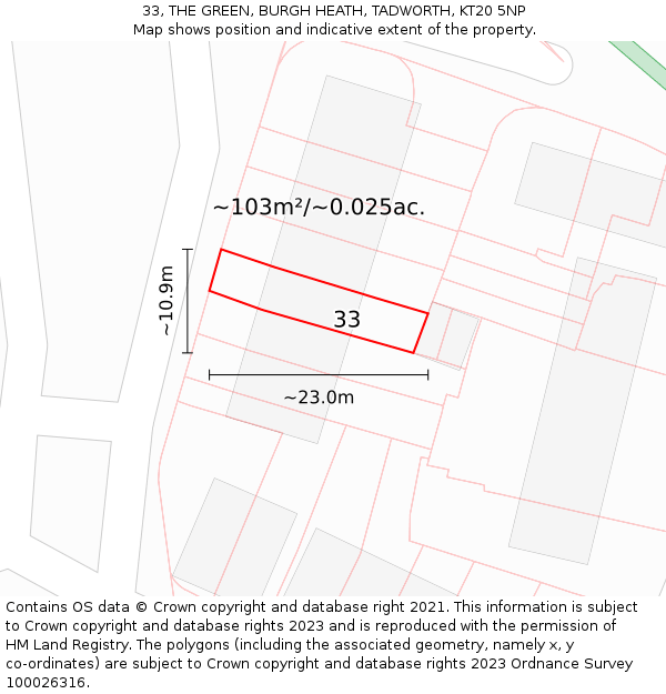 33, THE GREEN, BURGH HEATH, TADWORTH, KT20 5NP: Plot and title map