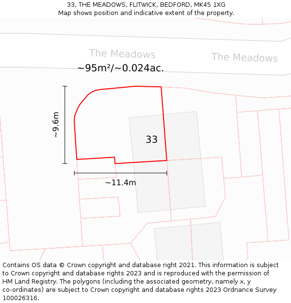 33, THE MEADOWS, FLITWICK, BEDFORD, MK45 1XG: Plot and title map