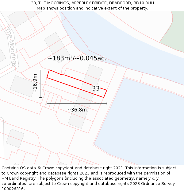 33, THE MOORINGS, APPERLEY BRIDGE, BRADFORD, BD10 0UH: Plot and title map