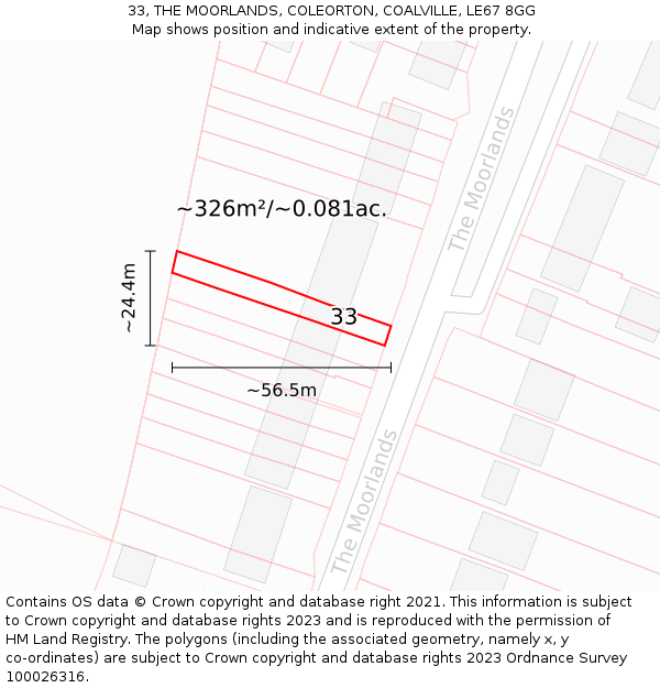 33, THE MOORLANDS, COLEORTON, COALVILLE, LE67 8GG: Plot and title map