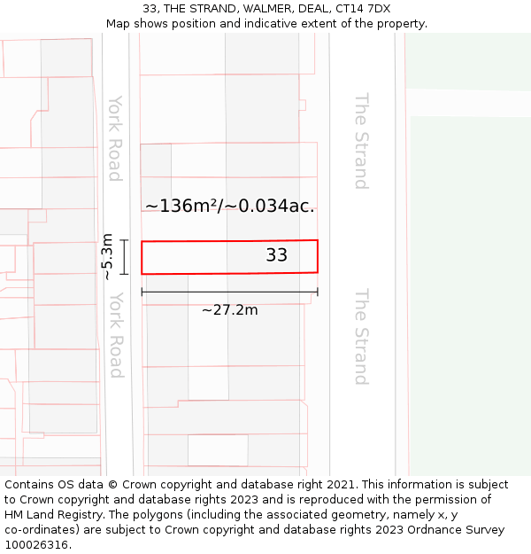 33, THE STRAND, WALMER, DEAL, CT14 7DX: Plot and title map