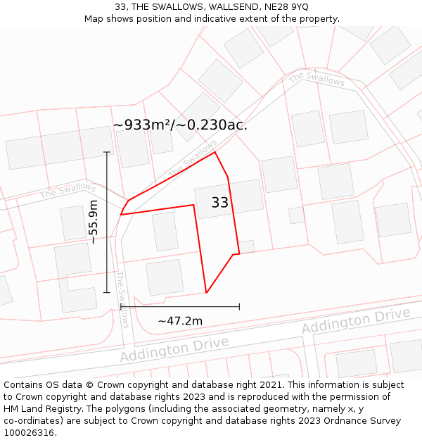 33, THE SWALLOWS, WALLSEND, NE28 9YQ: Plot and title map