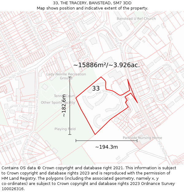 33, THE TRACERY, BANSTEAD, SM7 3DD: Plot and title map