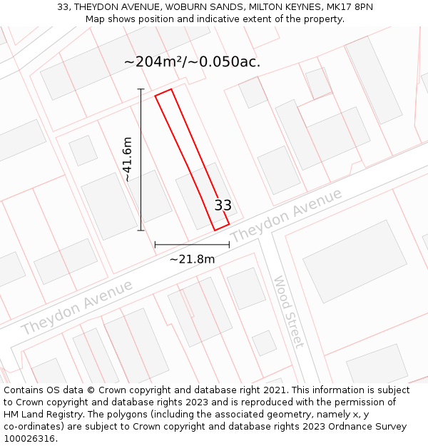 33, THEYDON AVENUE, WOBURN SANDS, MILTON KEYNES, MK17 8PN: Plot and title map