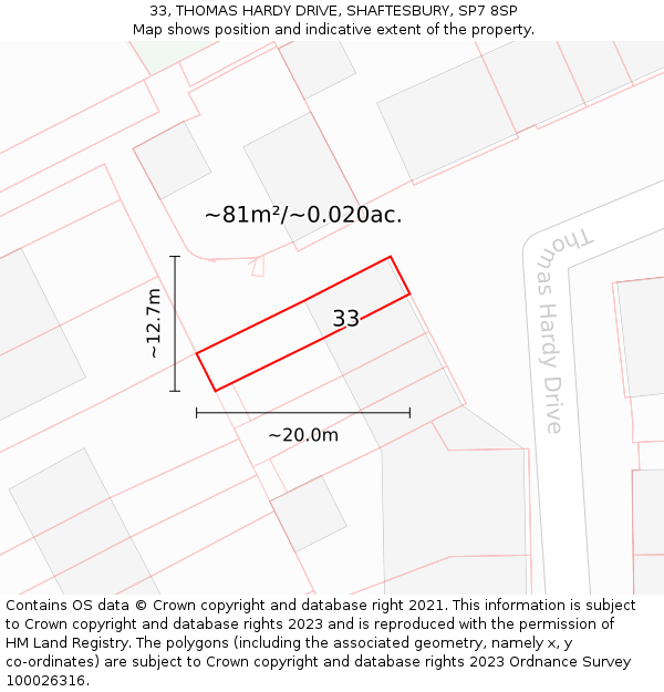 33, THOMAS HARDY DRIVE, SHAFTESBURY, SP7 8SP: Plot and title map