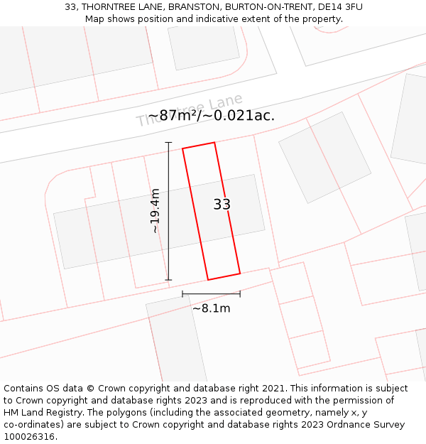 33, THORNTREE LANE, BRANSTON, BURTON-ON-TRENT, DE14 3FU: Plot and title map