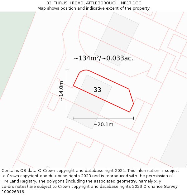 33, THRUSH ROAD, ATTLEBOROUGH, NR17 1GG: Plot and title map