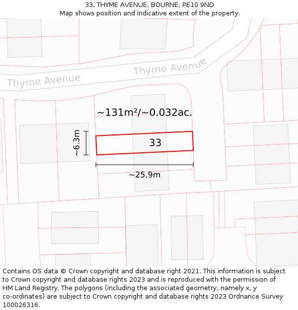 33, THYME AVENUE, BOURNE, PE10 9ND: Plot and title map