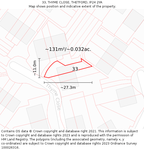 33, THYME CLOSE, THETFORD, IP24 2YA: Plot and title map
