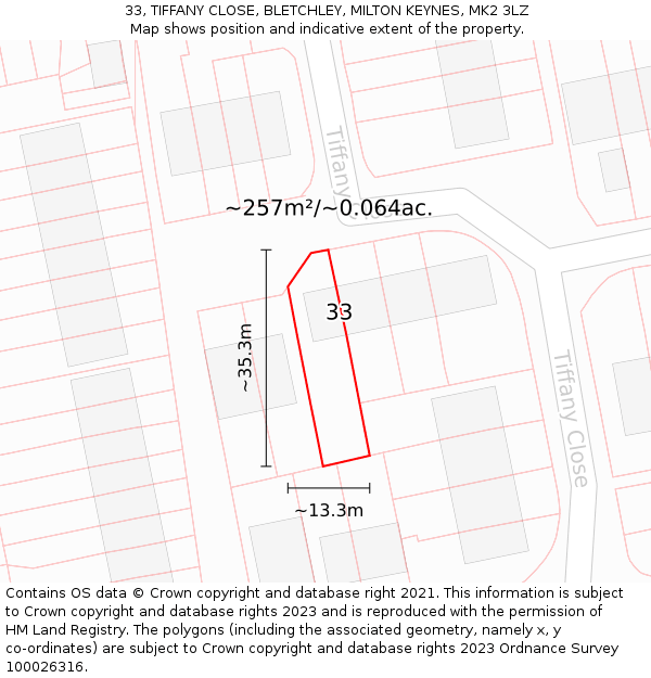 33, TIFFANY CLOSE, BLETCHLEY, MILTON KEYNES, MK2 3LZ: Plot and title map
