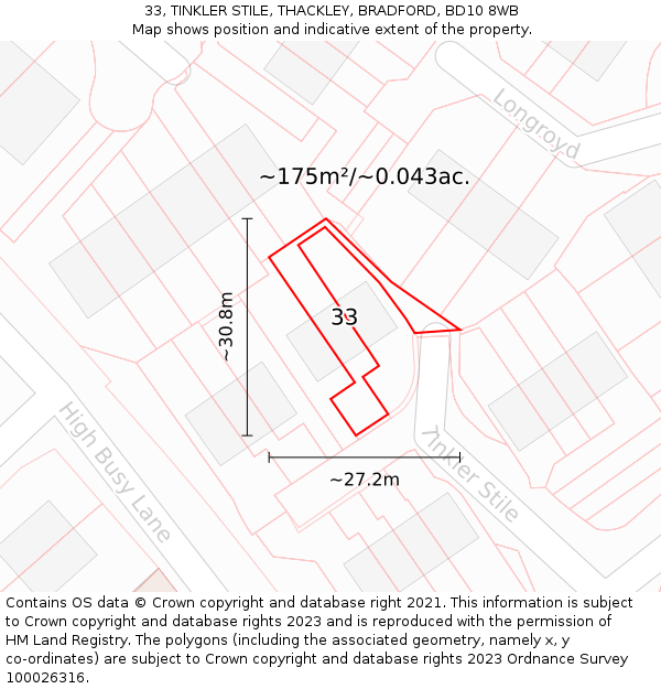 33, TINKLER STILE, THACKLEY, BRADFORD, BD10 8WB: Plot and title map