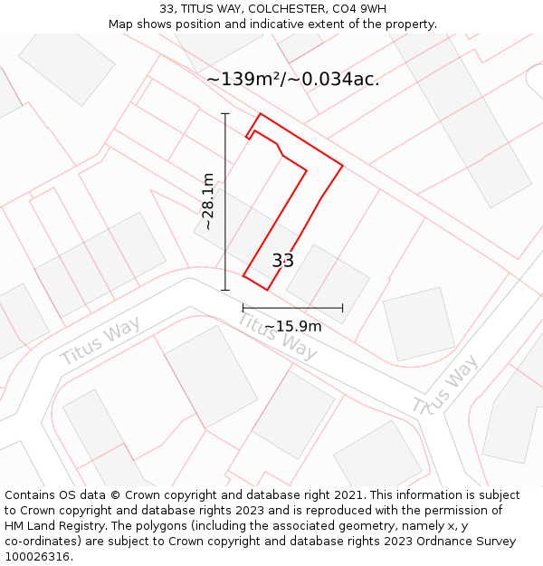 33, TITUS WAY, COLCHESTER, CO4 9WH: Plot and title map