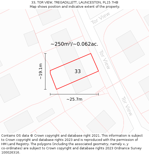 33, TOR VIEW, TREGADILLETT, LAUNCESTON, PL15 7HB: Plot and title map