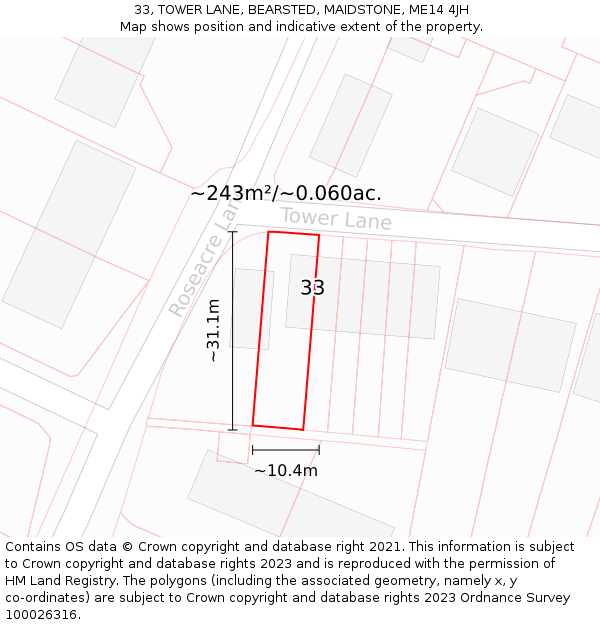 33, TOWER LANE, BEARSTED, MAIDSTONE, ME14 4JH: Plot and title map