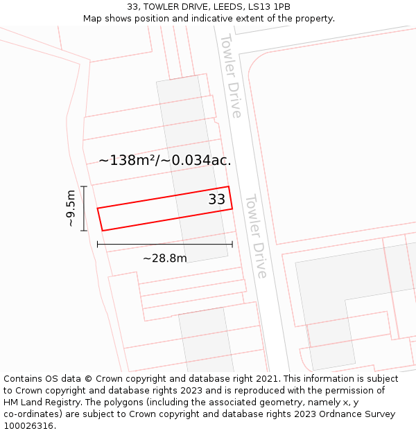 33, TOWLER DRIVE, LEEDS, LS13 1PB: Plot and title map