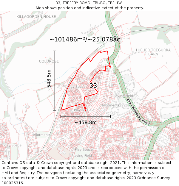 33, TREFFRY ROAD, TRURO, TR1 1WL: Plot and title map