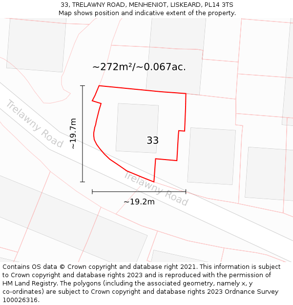 33, TRELAWNY ROAD, MENHENIOT, LISKEARD, PL14 3TS: Plot and title map