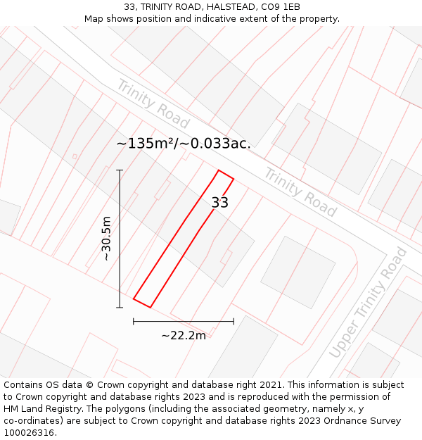 33, TRINITY ROAD, HALSTEAD, CO9 1EB: Plot and title map