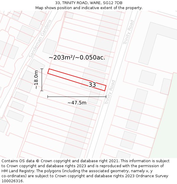 33, TRINITY ROAD, WARE, SG12 7DB: Plot and title map