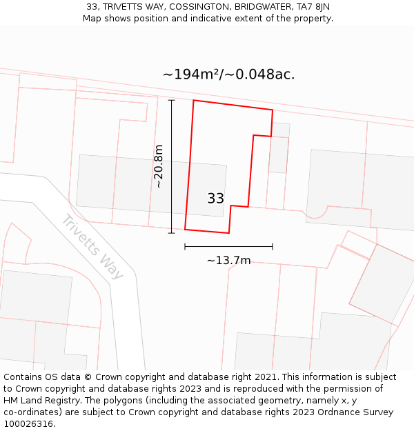 33, TRIVETTS WAY, COSSINGTON, BRIDGWATER, TA7 8JN: Plot and title map