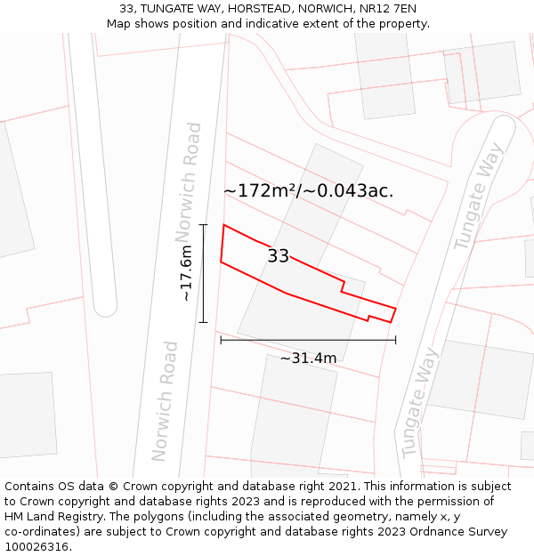 33, TUNGATE WAY, HORSTEAD, NORWICH, NR12 7EN: Plot and title map