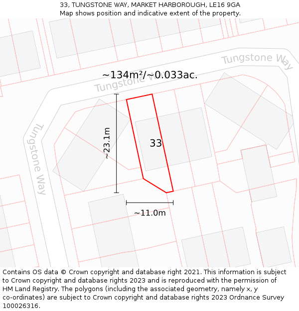 33, TUNGSTONE WAY, MARKET HARBOROUGH, LE16 9GA: Plot and title map